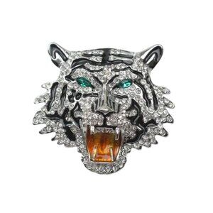 Tiger Head Clear Crystal Rhinestone & Enamel Brooch Pin